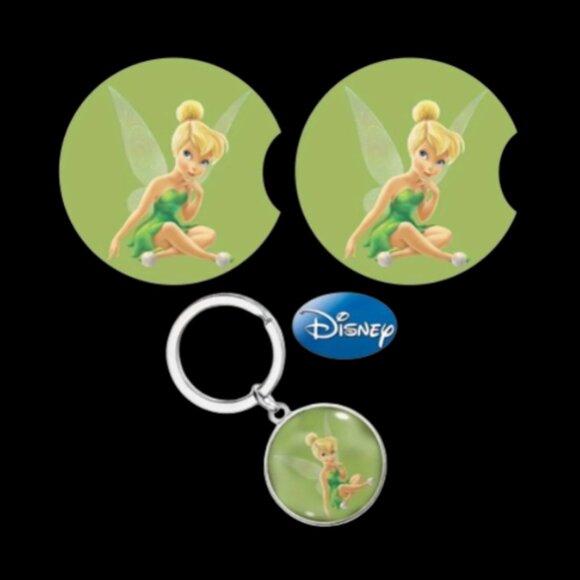 NIB 3pcs Disney Tinkerbell Neoprene Car Coasters & Key Chain Bundle - Picture 1 of 7
